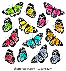 A set of brightly colored butterflies isolated on a white background. Vector illustration.