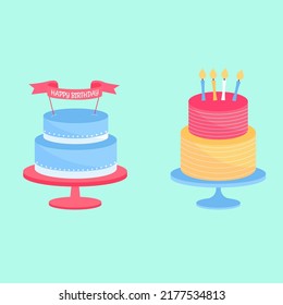 A set of brightly colored cakes with c birthday inscriptions. Vector illustration