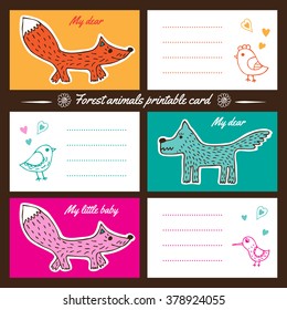 A set of brightly colored cards to print. On coloured backgrounds hand drawn forest animals. Perfect for scrapbooking, invitations, notepads, postcards and design holidays.
