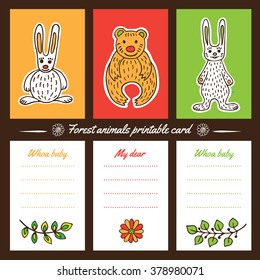 A set of brightly colored cards to print. On coloured backgrounds hand drawn forest animals. Perfect for scrapbooking, invitations, notepads, postcards and design holidays.