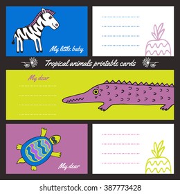A set of brightly colored cards to print. Wild animals hand drawn in the style of the outline on colored backgrounds. The reverse side design for the labels. Perfect for scrapbooking, notepads.