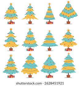 Set of brightly colored Christmas tree illustrations adorned with lights and ornaments, featuring unique variations and gift-wrapped presents, ideal for holiday-themed projects and seasonal designs.