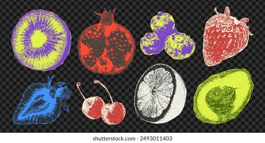 Un juego de pegatinas de frutas cortadas de colores brillantes. Collage de moda, efecto de fotocopia retro. Textura de grano grunge.