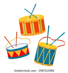 set of brightly colored drums with sticks. Rio carnival concept. vector illustration isolated on white background