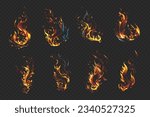 Set of brightly colored fire flame elements on transparent background.
Abstract realistic flames of fire burning red sparks. 