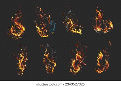 Set of brightly colored fire flame elements on transparent background.
Abstract realistic flames of fire burning red sparks. 