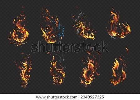 Set of brightly colored fire flame elements on transparent background.
Abstract realistic flames of fire burning red sparks. 