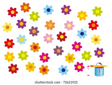 Set of brightly colored flowers isolated on white background