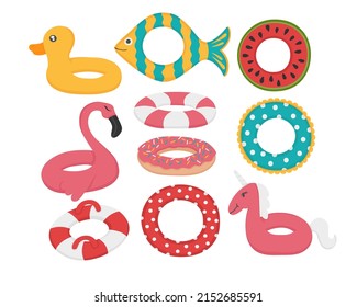 A set of brightly colored inflatable rings for safe swimming. Flat clipart. All colors have been repainted.