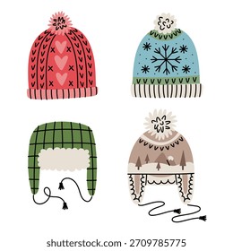Conjunto de sombreros de invierno de punto de colores brillantes con varios patrones. Un sombrero rojo con corazones, un sombrero azul con un copo de nieve, un sombrero trampero a cuadros verde y un sombrero trampero beige con un patrón de montaña
