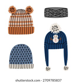 Un conjunto de sombreros de invierno de punto de colores brillantes con patrones. Un sombrero de rayas marrones con pompones, un sombrero azul, un sombrero trampero azul con un muñeco de nieve y una diadema gris. Una ilustración a color plana