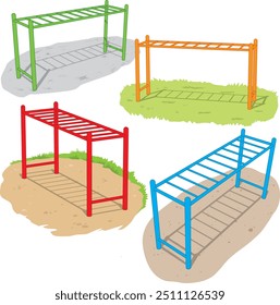 A set of brightly colored monkey bars displayed at different angles.
