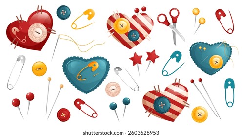 Set of brightly colored needle and pin pads, buttons, scissors, knitting needles. Sewing supplies for sewing and needlework. Vector illustration cartoon style.
