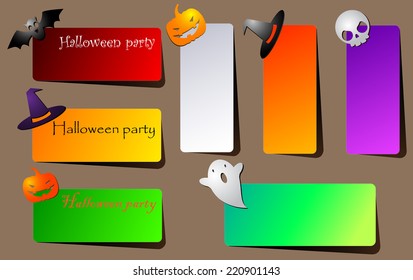 A set of brightly colored paper banners with shadow or invitations for Halloween party with a hat, bat, skull, Ghost and pumpkin