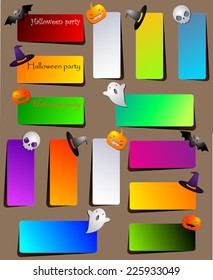 A set of brightly colored paper banners with shadow or invitations for Halloween party with a hat, bat, skull, Ghost and pumpkin