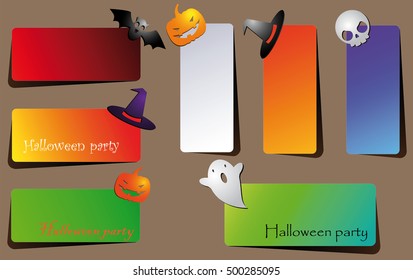 A set of brightly colored paper banners with shadow or invitations for Halloween party with a hat, bat, skull, Ghost and pumpkin