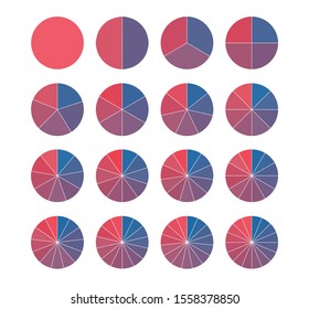 Set of brightly colored pie charts. Circle segments set. Fraction mathematics. Infographics circuit process.