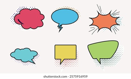 A set of brightly colored speech bubbles for a comic strip