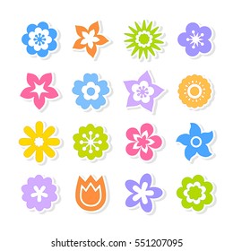 Set of brightly colored spring and summer flowers icons isolated on white background. 
Stylized vector illustration