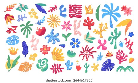 Set of brightly colored tropical elements. Flat leaves, flowers, exotic branches. Vector graphic elements