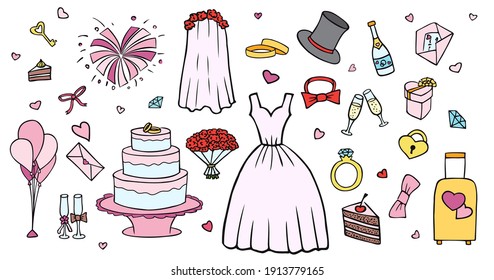 A set brightly colored wedding  engagement   honeymoon items  Colored hand drawn isolated contour doodle objects white background 