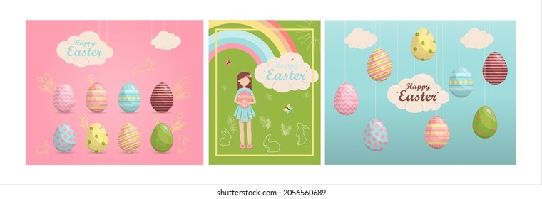 A set of brightly, colorful easter banners with eggs. Vector illustration with a happy Easter wish. Banner for sale. Template for a postcard, invitation, ad or banner. Christian holiday.
