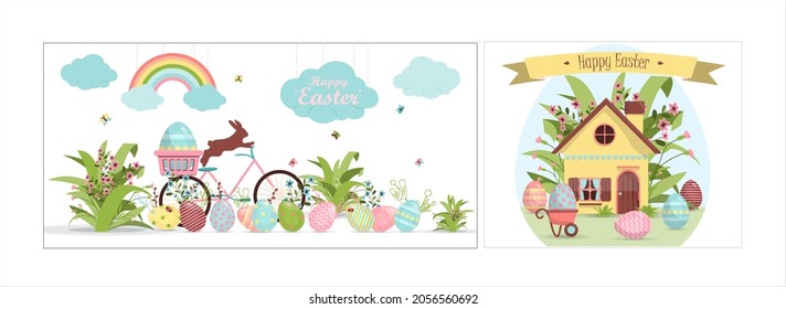 A set of brightly, colorful easter banners with eggs. Vector illustration with cute houses. Banner for sale. Template for a postcard, invitation, ad or banner. Christian holiday.