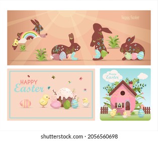 Un juego de pancartas de Pascua alegres y coloridas con huevos. Ilustración vectorial con casas lindas. Cartel en venta. Plantilla para una postal, invitación, anuncio o cartel. Fiesta cristiana.