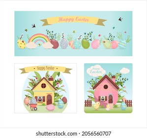 A set of brightly, colorful easter banners with eggs. Vector illustration with cute houses. Banner for sale. Template for a postcard, invitation, ad or banner. Christian holiday.