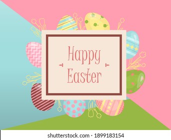 A set of brightly, colorful painted Easter eggs. Vector illustration with a happy Easter wish. Flat design featuring hares, butterflies, flowers and rainbows. Template for a postcard, invitation, ad