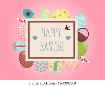 A set of brightly, colorful painted Easter eggs. Vector illustration with a happy Easter wish. Flat design featuring hares, butterflies, flowers and rainbows. Template for a postcard, invitation, ad