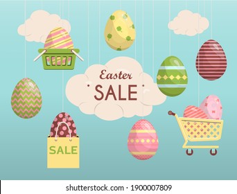 A set of brightly, colorful painted Easter eggs. Vector illustration with a happy Easter wish. Banner for sale. Flat design featuring hares, butterflies, flowers and rainbows. Template for a postcard