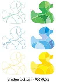 A set of brightly coloured abstract rubber ducks