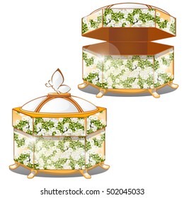 A set of brightly decorated boxes or gift boxes isolated on white background. Vector illustration.