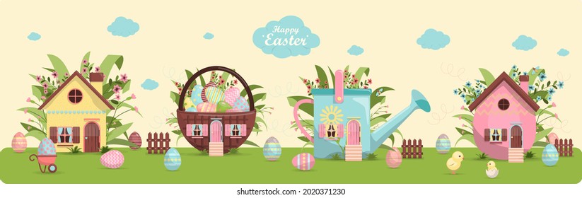 A set of brightly painted Easter eggs and a cute little house in flowers. Vector illustration with a happy Easter wish. Template for a postcard, invitation, ad or banner. A bright, cute illustration