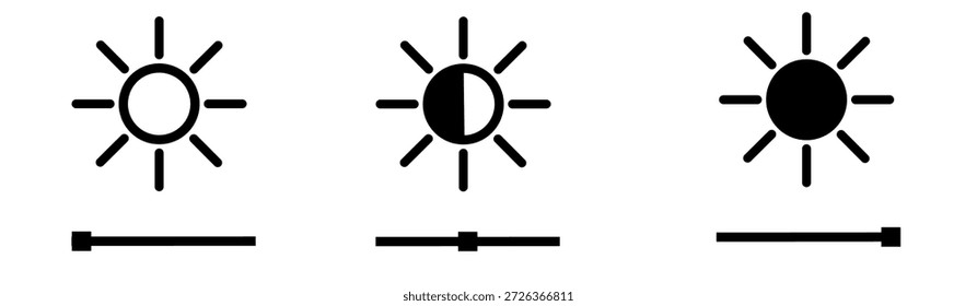Set of brightness control icons. Dark, medium, and light brightness control icons. Brightness icons on the screen.