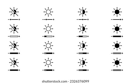 Set of brightness levels vector icons. Control brightness on screen. Dark and bright display. Vector 10 Eps.