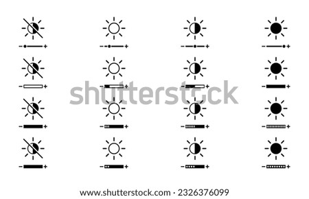 Set of brightness levels vector icons. Control brightness on screen. Dark and bright display. Vector 10 Eps.