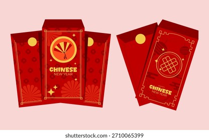 Un conjunto de sobres rojos brillantemente diseñados, perfectos para regalar durante el Año Nuevo Lunar. Estos cuentan con símbolos tradicionales como abanicos y nudos, que significan prosperidad y buena fortuna.