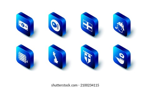 Set British breakfast, Flag of England, Sherlock Holmes, Smoking pipe, flag on pennant, map, Wooden barrel and Pound sterling money icon. Vector