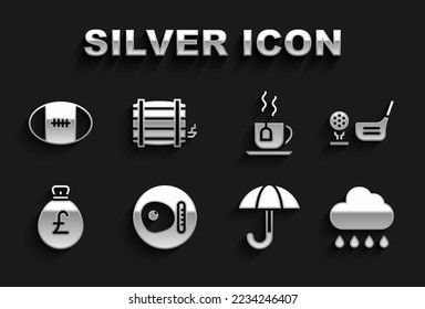 Set British breakfast, Golf club with ball on tee, Cloud rain, Umbrella, Money bag pound, Cup of tea tea, Rugby and Wooden barrel icon. Vector