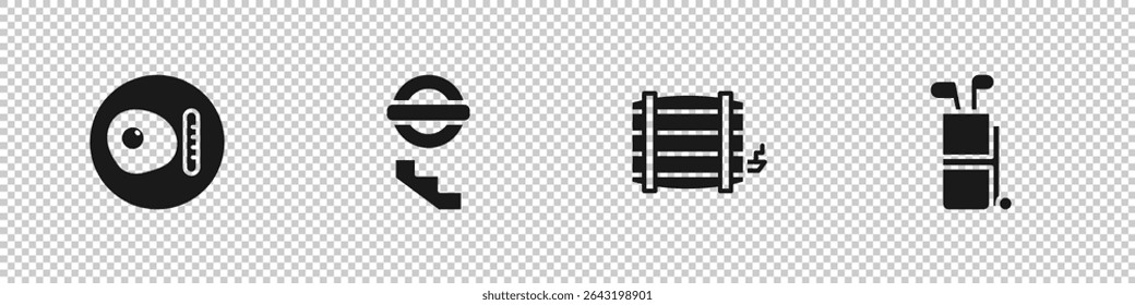 Set British breakfast, London underground, Wooden barrel and Golf bag with clubs icon. Vector