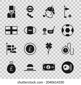 Set British breakfast, Watch with chain, Football ball, Sherlock Holmes, Rugby, Flag of England, soldier and Golf club on tee icon. Vector