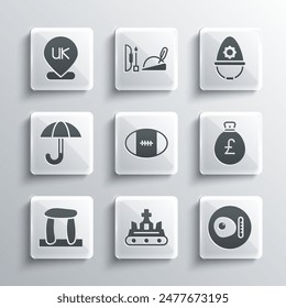 Set British crown, breakfast, Money bag with pound, Rugby ball, Stonehenge, Umbrella, Location England and police helmet icon. Vector