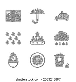 Set British Crown, Coin Money With Pound, Coffee Cup To Go, Cloud Rain, Police Helmet, Water Drop, Taxi Car And Pound Sterling Icon. Vector