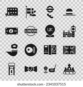 Set British crown, Flag of Great Britain, Big Ben tower, London underground, sign, Pound sterling money, Double decker bus and Location England icon. Vector