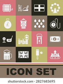Set British crown, Pound sterling money, Watch with a chain, Flag of England, Big Ben tower, Money bag pound, Wooden barrel and Water drop icon. Vector