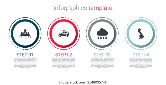 Establecer corona británica, coche de taxi, nube con la lluvia y mapa de Inglaterra. Plantilla de infografía de negocios. Vector