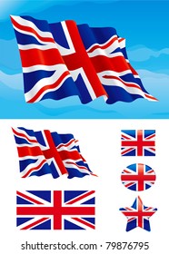 Set of British flag. Flag of United Kingdom on blue sky, Isolated on white background and icons with it - star, square and oval shape