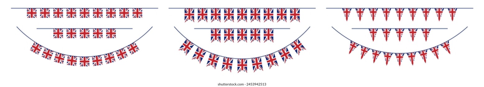 Set von britischen Flaggen und Buntings in verschiedenen Formen.